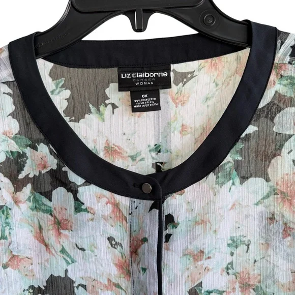Liz Claiborne Plus Size 14W 0X Sheer Floral Long Sleeve Button Down Career Top - Picture 4 of 9
